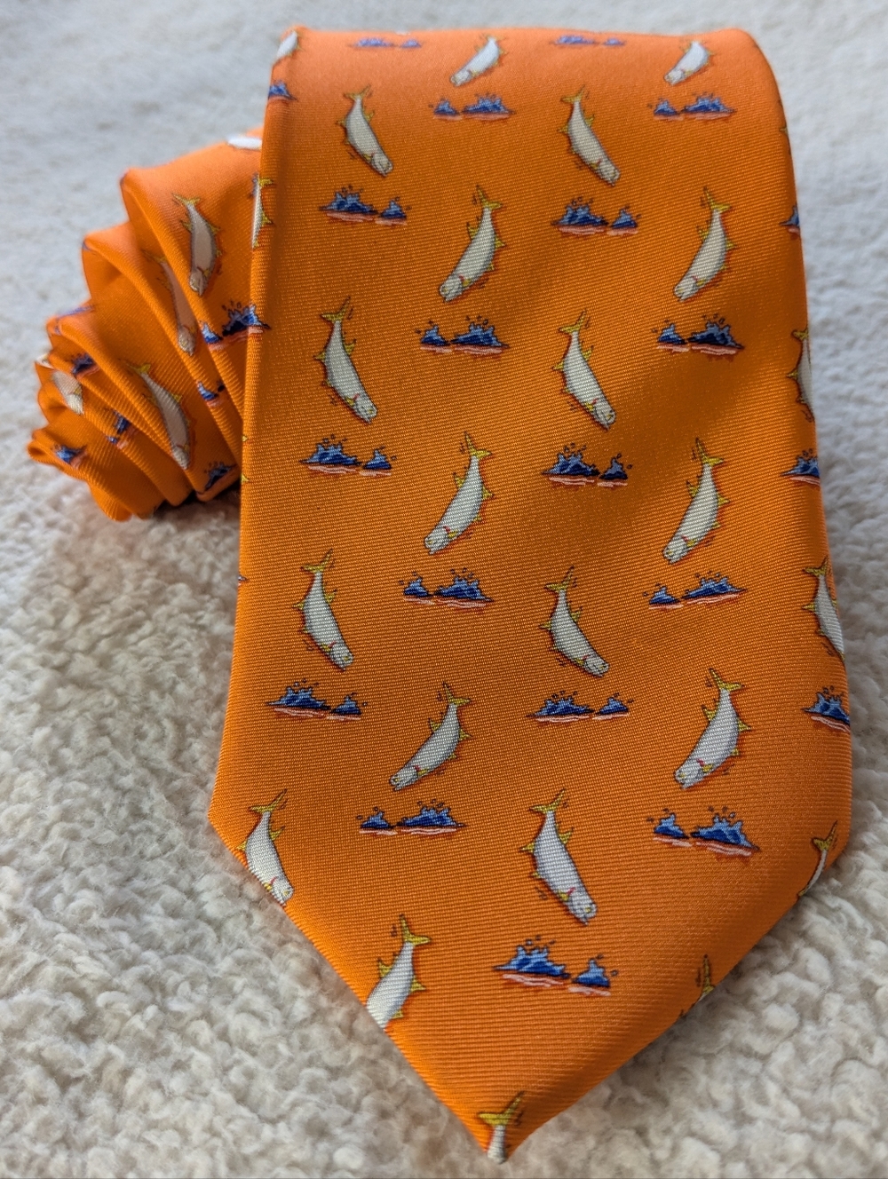 Bird Dog Bay Men's Hand Made 100% Silk Orange Fish Fishing Tie EUC